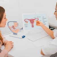 gynecologist communicates with her patient, pointing to the structure of the uterus, on her comput er.
